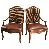 Pair of Louis XV Oak Armchairs with Zebra Hide