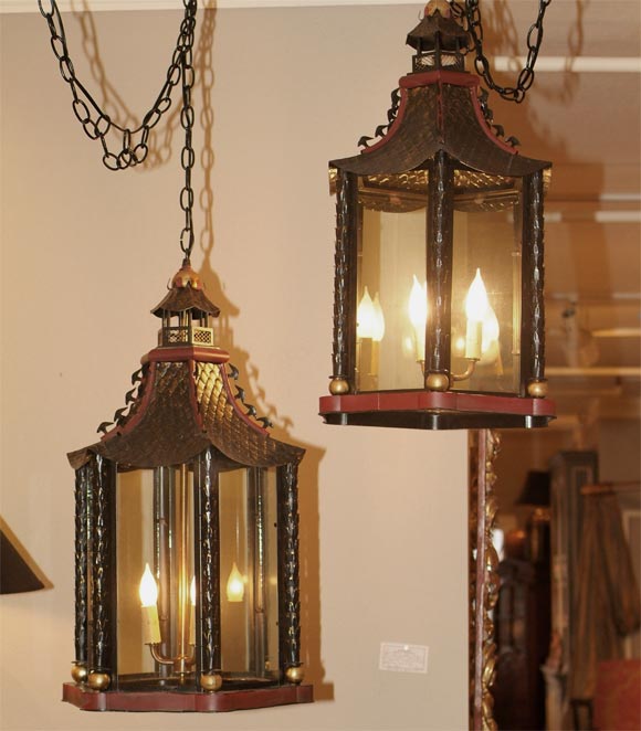 Pair of French Tole Pagoda Lanterns