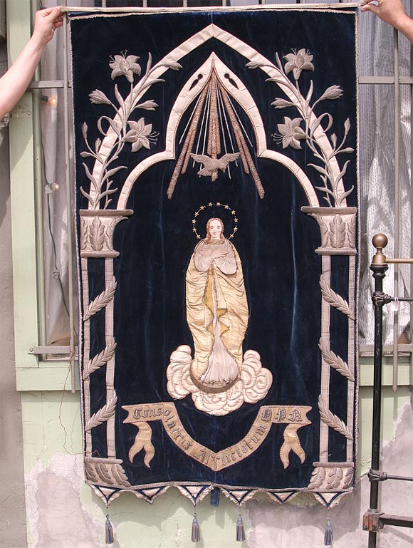 Velvet Religious Banner with embroidered Virgin on clouds