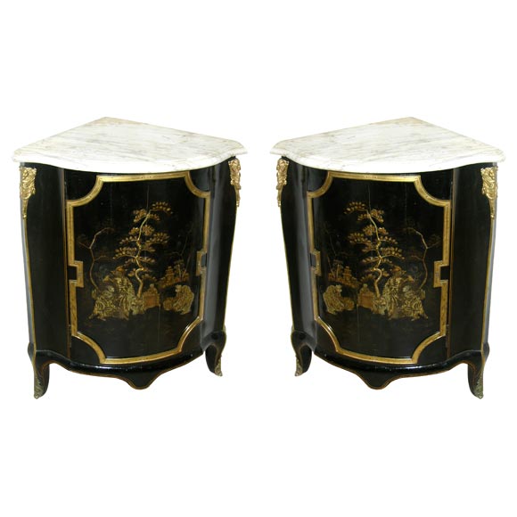 Pair of Transitional Louis XV - XVI Marble Top Encoignures, 18th