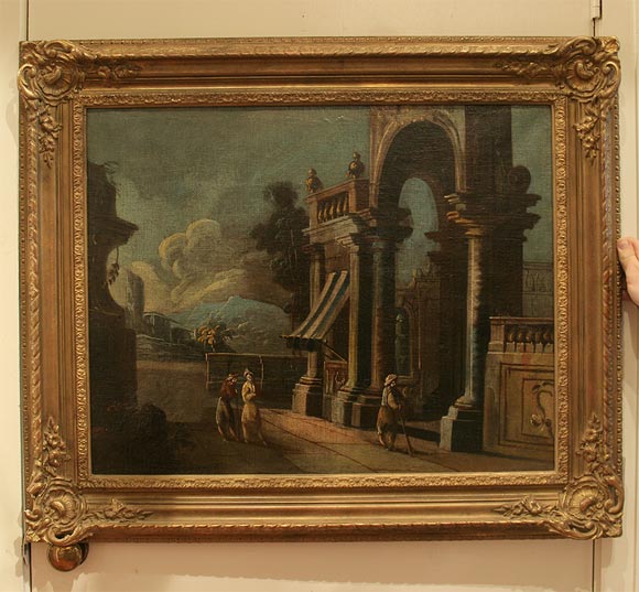 Wonderful Italian genre painting of ruins with people in the foreground.