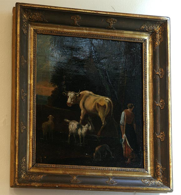 17th Century Dutch Genre Scene with woman and farm animals in gilt frame