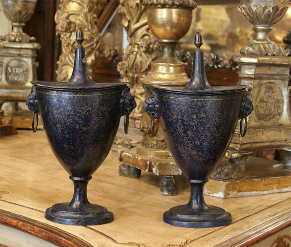 French Tole Pient chestnut Urns with original dark blue paint and gold decoration