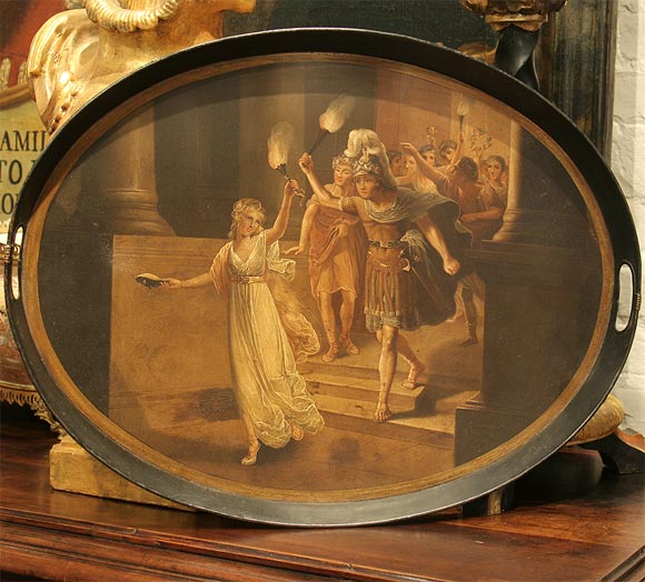 Exceptional tole Tray with oil painting. Neoclassical scene. This one is fantastic and could be hung on the wall as art.