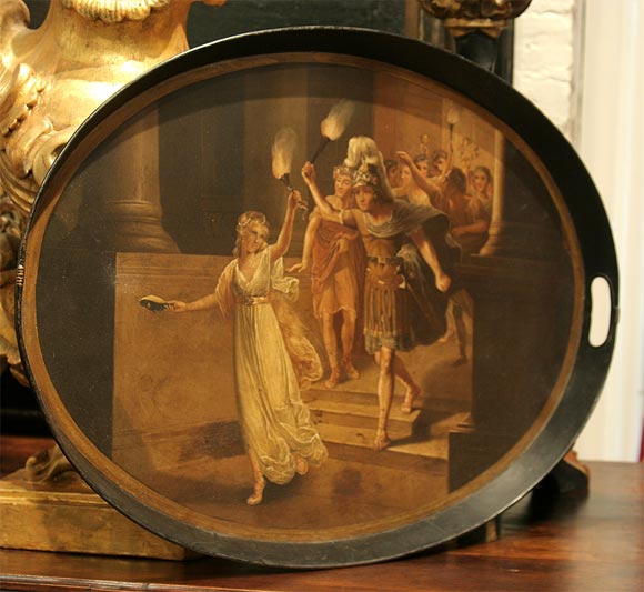 19th Century Tole Tray with Original Oil Painting For Sale