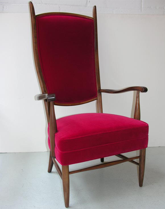 Pair of Italian grand scale armchairs upholstered in red velvet, circa 1950.