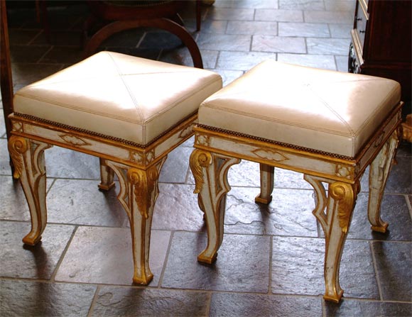 Pair of neoclassical painted & parcel-gilt stools