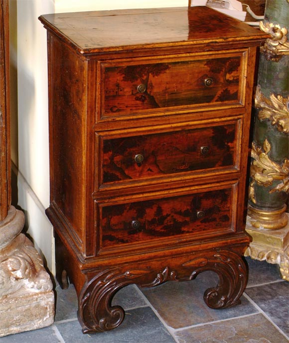 Penwork & polychrome-decorated walnut commode