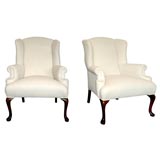 1920-1930S PAIR OF QUEEN ANNE STYLE WING CHAIRS IN 19THC LINEN