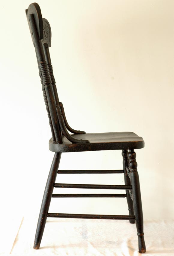 19th Century 19THC ORIGINAL BLACK PAINTED PRESSED BACK CHAIRS/SET OF FOUR