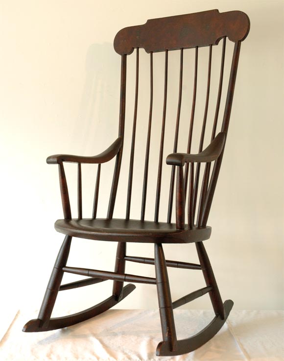 19THC ORIGINAL BURG.-BROWN PAINTED SURFACE BOSTON ROCKING CHAIR-WONDERFUL OLD SURFACE AND GREAT FORM IN PRISTINE CONDITION