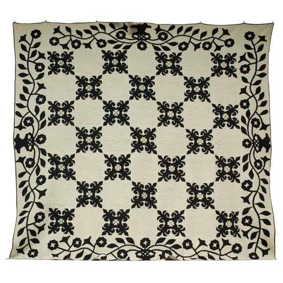 RARE 19THC BLUE &WHITE TRAPUNTO APPLIQUE QUILT FROM PENNSYLVANIA