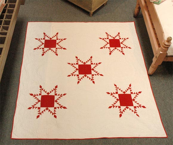 19THC RED&WHITE FEATHERED STAR QUILT FROM PENNSYLVANIA