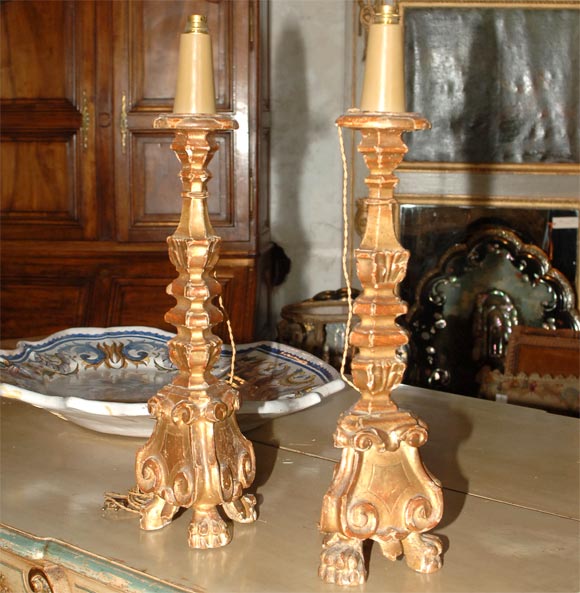 Pair Mid 19th Century Gold Dore' Carved Wood Altar Candlesticks