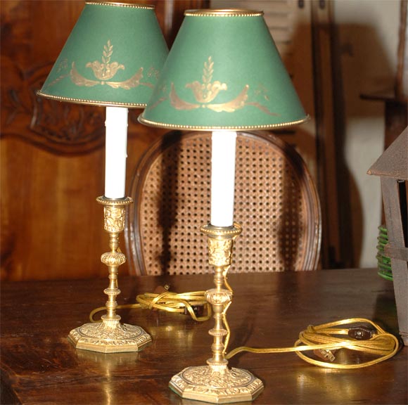 Pair 19th C. Bronze Doré Candlestick Lamps