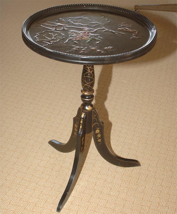 Turn of the century Swedish Chinoisere round tray top pedestal table. Splendid turned center post ending on graceful tripod legs. Superb finish. This charmer is the perfect accent for any interior.