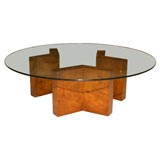 Burl ash base with circular glass top coffee table