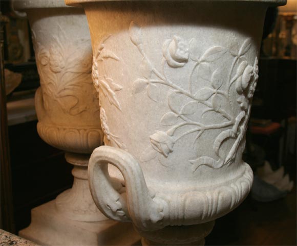 19th Century Pair of White Granite Urns on Faux Marble Pedestals For Sale