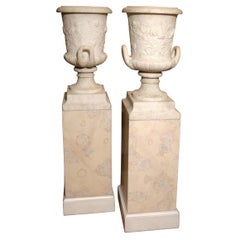 Antique Pair of White Granite Urns on Faux Marble Pedestals