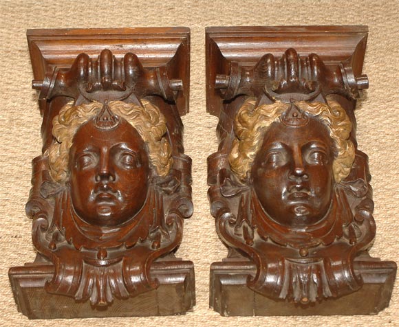 Napoleon III oak pair of figural wall consoles