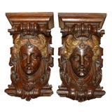 Napoleon III oak pair of figural wall consoles