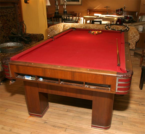 Vintage Deco pool table with wonderful walnut rails,chrome corners, leather pockets and thick slate top.