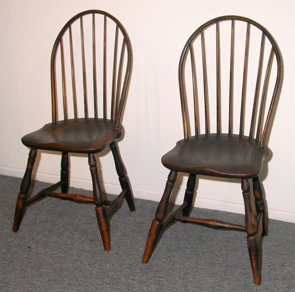 VERY RARE MATCHING SET OF FOUR WINSOR CHAIRS  IN WONDERFUL PAINT     <br />
 BLACK OVER RED WASH, FOUND IN NEW ENGLAND SUPER CONDITION
