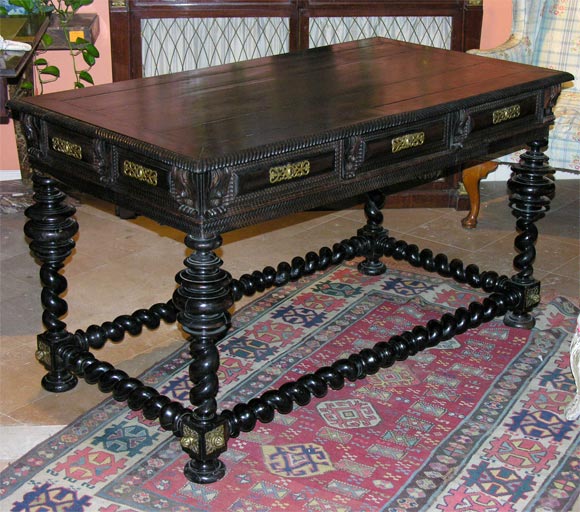 Portuguese Ebony Bronze Mounted Barley Twist and Turned Leg 3 Drawer Library Table w/ Gadrooned Top Edge and Ripple Mouldings.