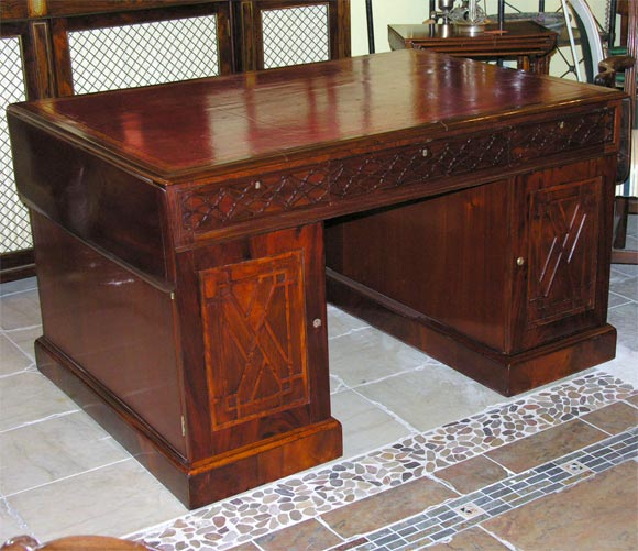English Mahogany Partners Desk w/ Blind Fret Work throughout and Drop Leaves on either side.