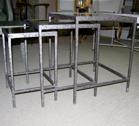 Set of 3 Silvered Wrought Iron Mirror Top Nesting Tables