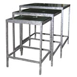 Set of 3 Silvered Wrought Iron Mirror Top Nesting Tables