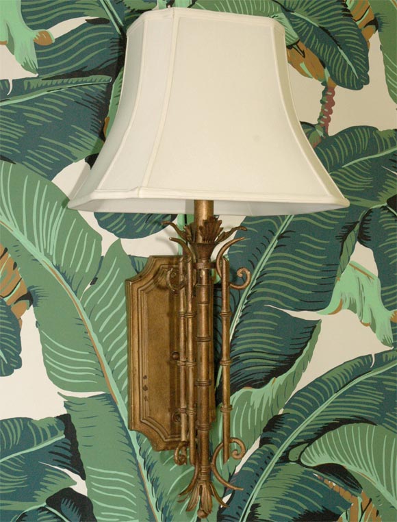 Pair of Large Gilded Bamboo Wall Sconces