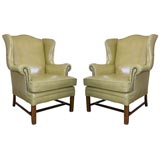 Pair Fanciful Yellow Leather Wingback Chairs