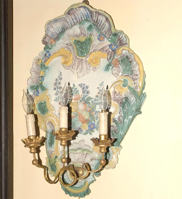Pair of 3-light giltmetal faience sconces