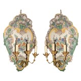 Antique Pair of 3-light giltmetal faience sconces