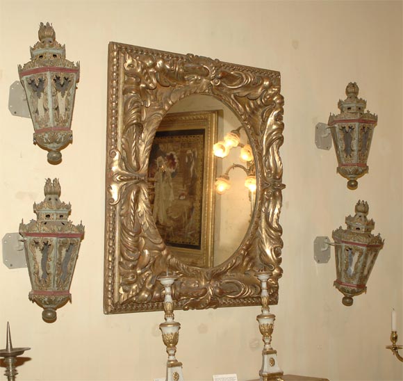 Set of Four Venetian tole peinte hexagonal pole lanterns
