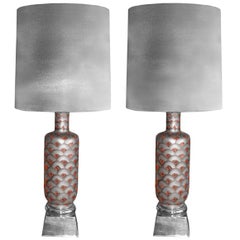 Pair of French Art Deco Platinum and Enameled Glass Table Lamps