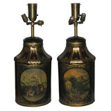 Pair of Antique  Painted  Tole Lamps