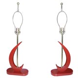 Pair of cinnabar red table lamps