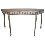 A Pair of Paint and Gilt  Marble Topped Demi Lune Consoles