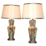 Pair of Paneled and Tapered, Mirrored Glass Octagonal Lamps
