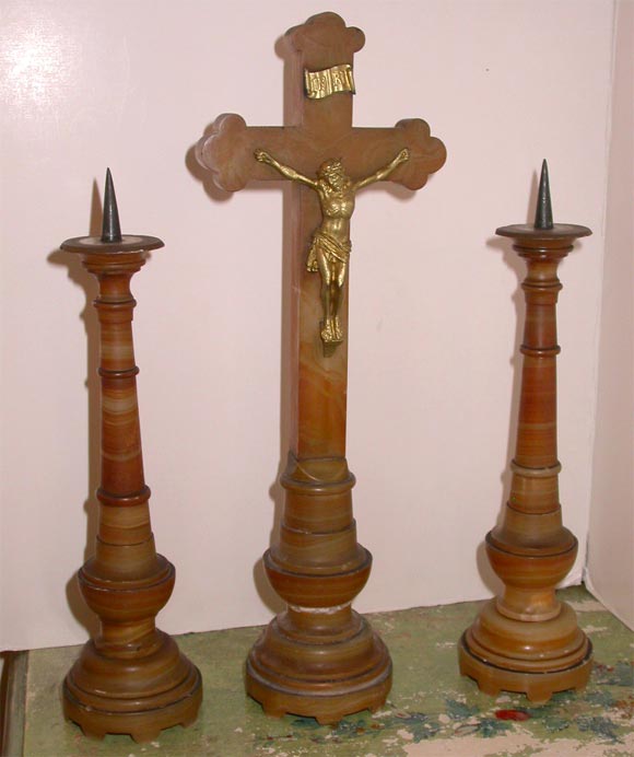 C.1880 Three Piece Alabaster Altar Set
