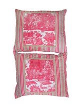 Pair Early Toile and Ticking Pillows