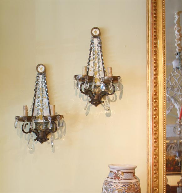 Reverse painted glass and brass 2 arm sconces with cut glass swag beads and full cut almond drops.