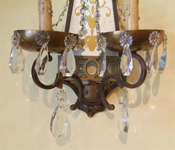 French Reverse painted glass and brass sconces For Sale