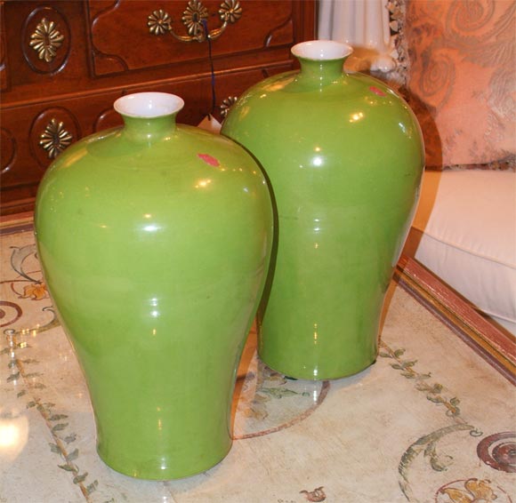 Pair of Chinese Apple Green Glazed Meiping Vases