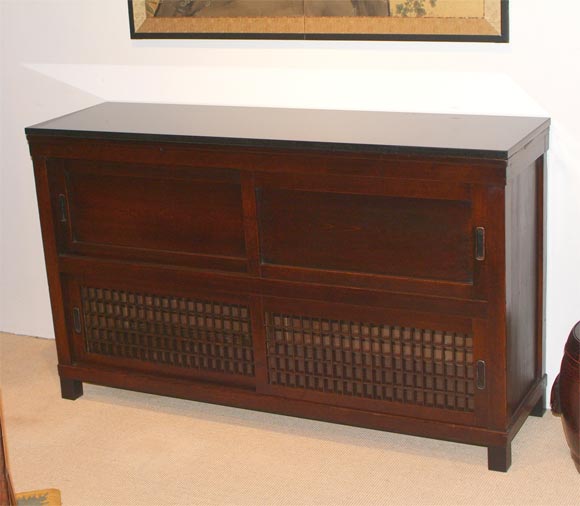 Top half of an antique Japanese mizuya (kitchen chest) from the Gifu prefecture. Custom made granite top and powder coated metal stand.  c1895
