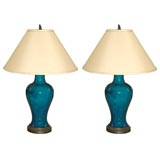 Retro Pair of Blue Glazed Lamps