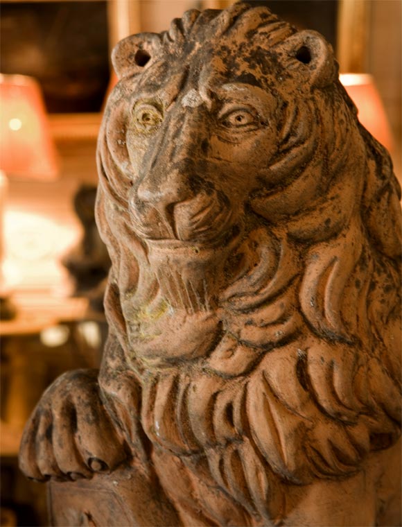 Terracotta Pair of Terra Cotta Lions For Sale