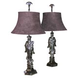 Pair of nickel plated oriental figured lamps
